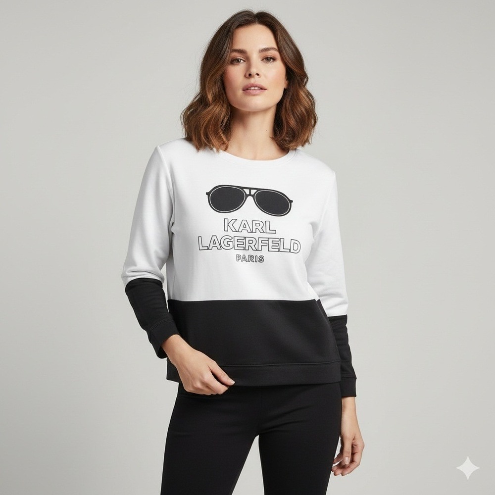 Karl Lagerfeld Paris Colorblock Sweatshirt‎ White Black Sunglasses Logo Women XL